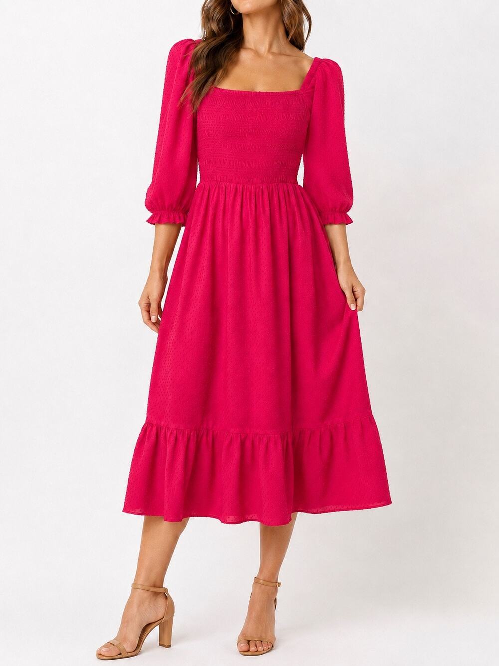 J.CREW NWT Pink Smocked Square Neck Cotton Midi Dress Puff Sleeve Small Romantic